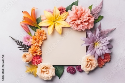 Greeting card empty with colorful beautiful flowers on background.