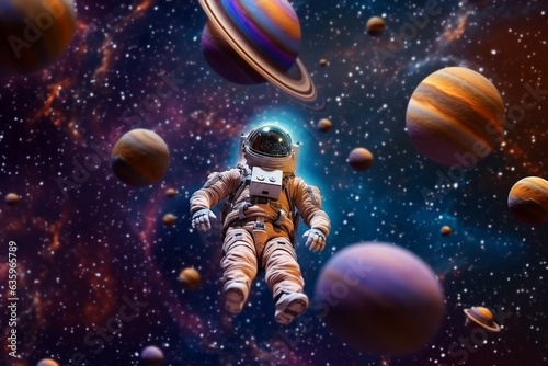 Astronaut floating around in the galaxy with planets background.