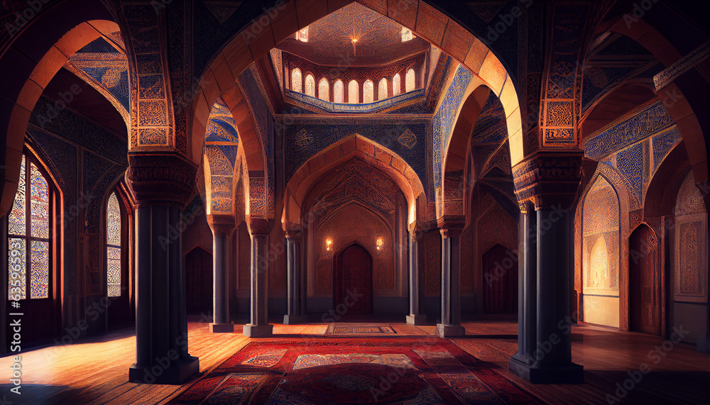  Interior of a white mosque, Luxury Mosque, interior of a mosque country,  Ai generated image 