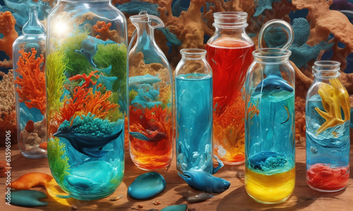 Ocean and beach landscape inside of a tipped over glass bottles