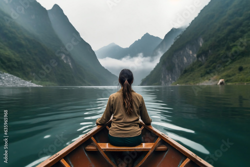 Woman sitting on boat and beautiful river with mountain nature background.