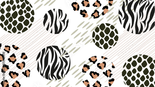 Abstract geometric background of animal fur and skin patterns. Modern patchwork style. Collage of zebra, snake, leopard patterns in circles. Vector. For fabric print, clothes, web design, textiles.