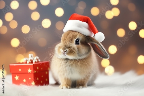 Bunny wearing red hat with gift box background.