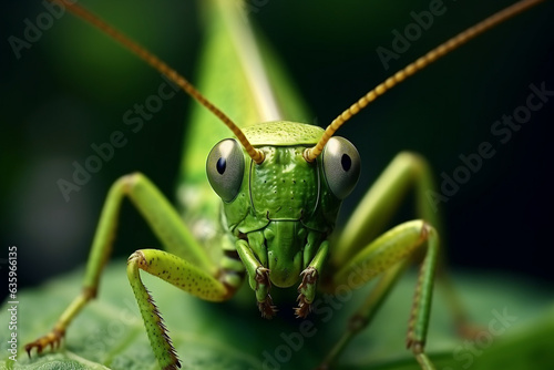 Close up of grasshopper on green leaf background.