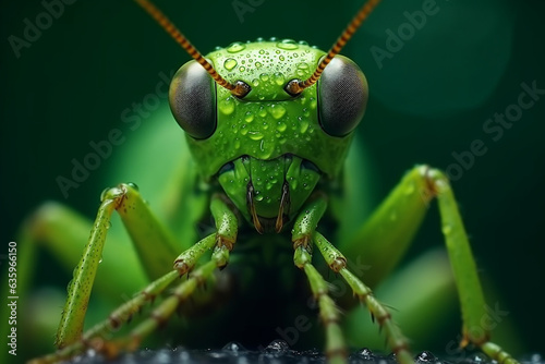Close up of grasshopper on green leaf background. © Inlovehem