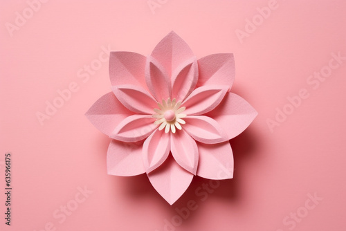 Origami pink flower on pink background  paper cut style.