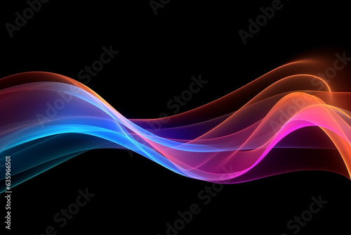 Abstract colorful neon light lines and waves on black background.