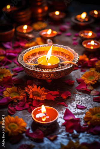 Row of kuthuvilakku oil lamps for Diwali. photo