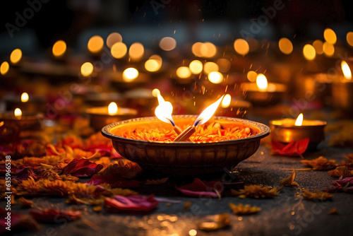 Diwali candle decoration with marigold flowers