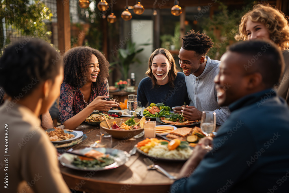A diverse and vibrant community gathers around the dinner table sharing a meal and laughter