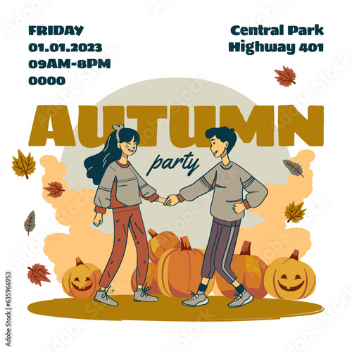 Autumn season vector poster. Happy couple dancing in park near pumpkins.