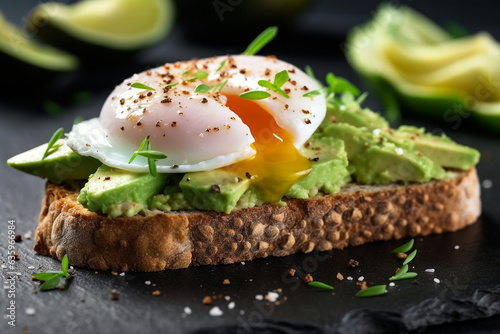 Whole grain toast with avocado and poached eggs on black stone background.