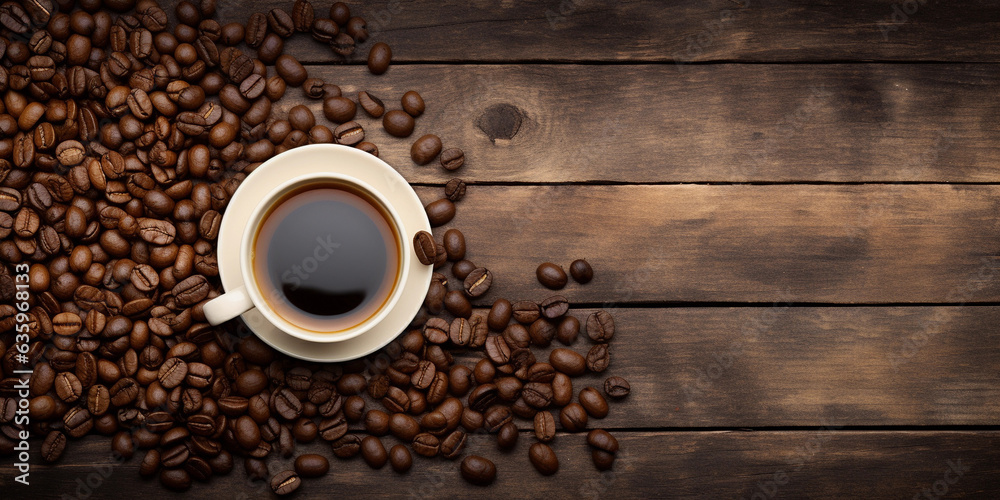 Top down view of a coffee cup and coffee beans on the left hand side of a wooden table with copy space to the right Top down view of a coffee cup and coffee beans on the left hand side of a wooden table with copy space to the right