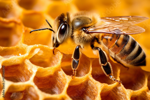 Bee with sweet honeycomb background.