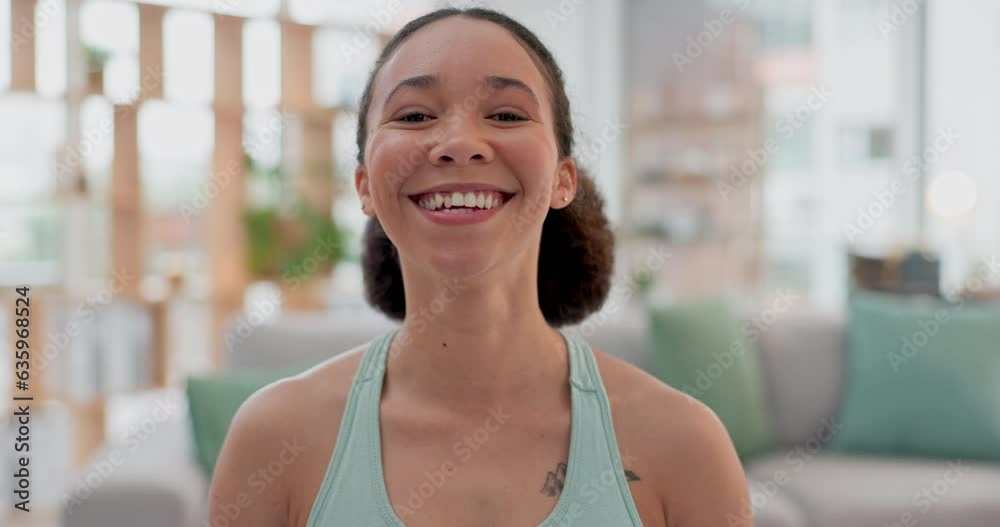 Yoga, face and happy woman in a living room for training, wellness and fitness in her home. Pilates, portrait and female smile for workout, routine and holistic exercise for mental health in a house