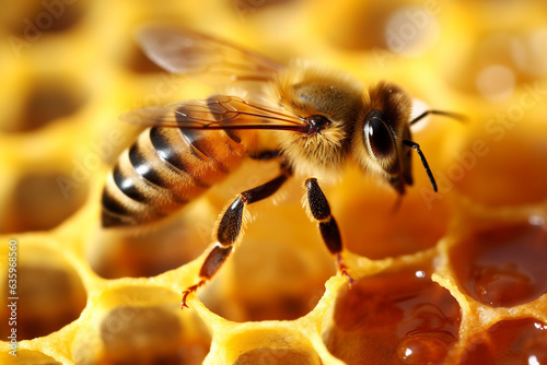 Bee with sweet honeycomb background.