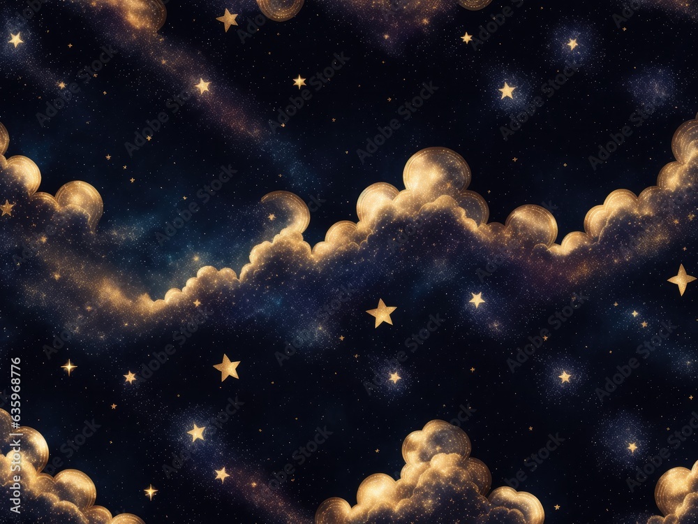 Seamless pattern of the night sky with gold foil clouds watercolour Seamless pattern of the night sky with gold foil clouds watercolour