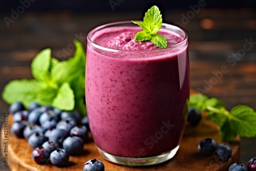 Smoothie with blueberry on wooden background.