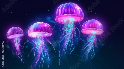Colorful jellyfishes on ocean background.