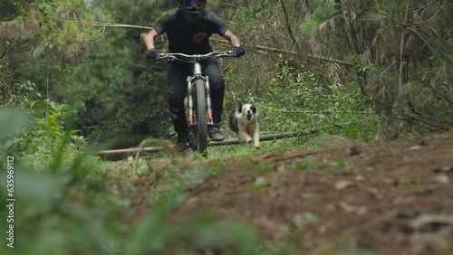 Slow motion video of a man riding his bike in the forest and his dog following him