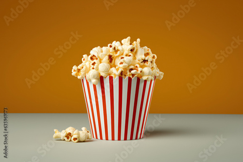 Crunchy, buttery popcorn on a colored background. Perfect movie snack. Delicious and satisfying. photo
