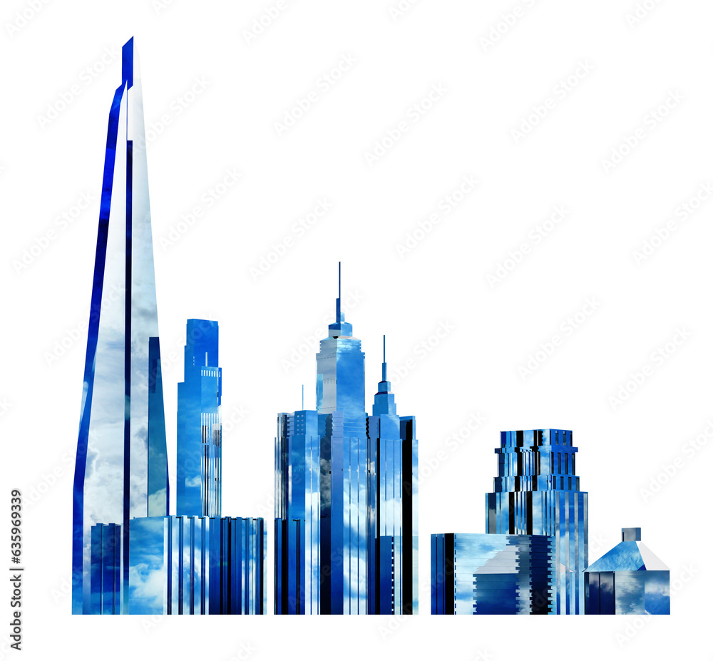 Beautiful city icon with skyscrapers and office buildings with blue sky reflection. 3D rendering illustration