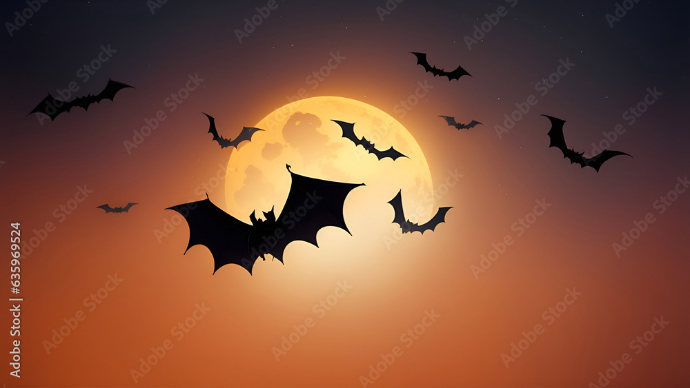 Halloween background with flying bats and full moon