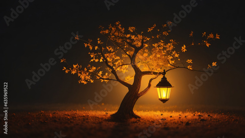 Beautiful autumn tree with a lantern at night