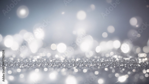 Silver glitter vintage lights background, silver and white, defocused