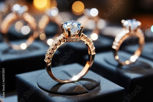 Fototapeta Jewelry ring with diamond in jewelry box on bokeh background