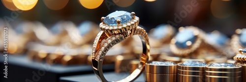 Wedding rings on display in luxury jewellery store, closeup photo