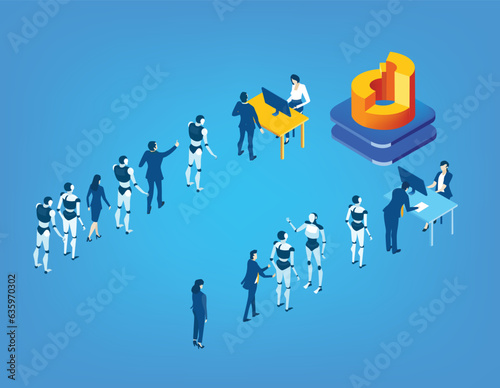 IsIsometric 3D business environment. People and Robots queueing together in one lane in order to have an interview for job.