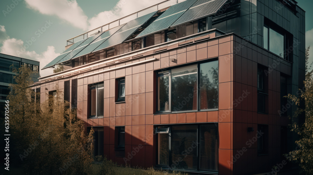 Close up of a new building with solar panels on the roof. Sustainable and clean energy at home. Close up of a new building with solar panels on the roof. Sustainable and clean energy at home.