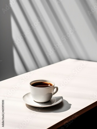 Cup of coffee on white table in sunlight with shadows from window