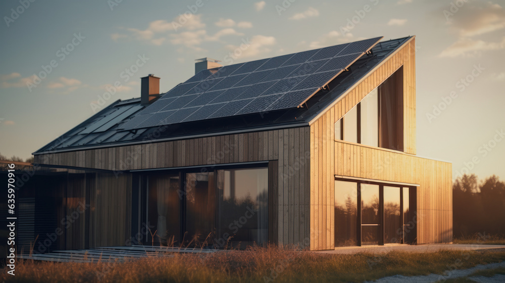 Obraz premium Close up of a new building with solar panels on the roof. Sustainable and clean energy at home.