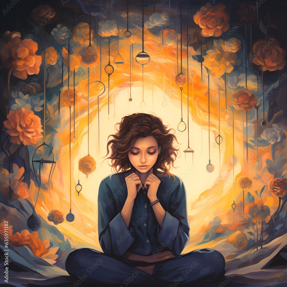 Young woman meditating to deal with stress and anxiety Young woman meditating to deal with stress and anxiety