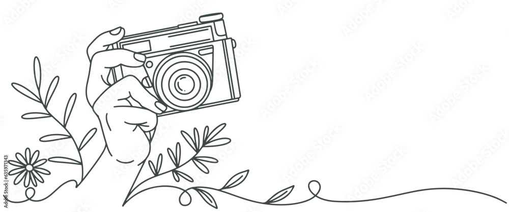 Camera logo, Photography logo, line art hand holding still camera, line art vector illustration of photography camera