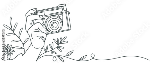 Camera logo, Photography logo, line art hand holding still camera, line art vector illustration of photography camera