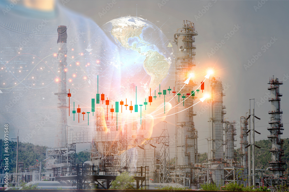 Obraz premium Oil refinery or petrochemical plant concept. The trend continues to demand output, market price, demand, supply, business idea, industry, fuel, electric power.