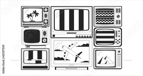 Old tv black and white lo fi aesthetic wallpaper. Electrical appliances. TV signal noise outline 2D vector cartoon objects illustration, monochrome lofi background. Bw 90s retro album art, chill vibes