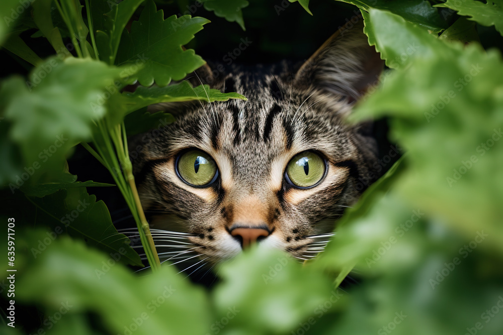 Piercing gaze of a cat hidden in the foliage