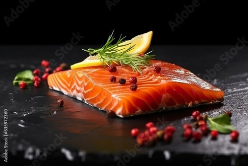 Salmon with herb ,lemon,chili on black stone background .