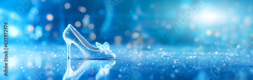 Fotografie Cinderella crystal slipper on blue Abstract Defocused background