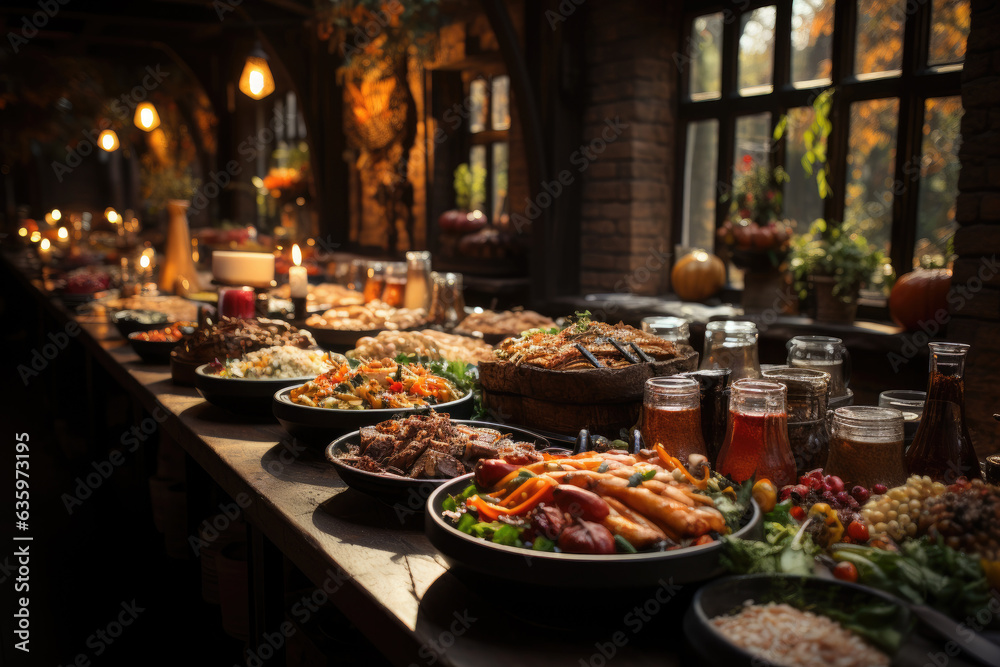 Table with Delicious holiday thanksgiving food