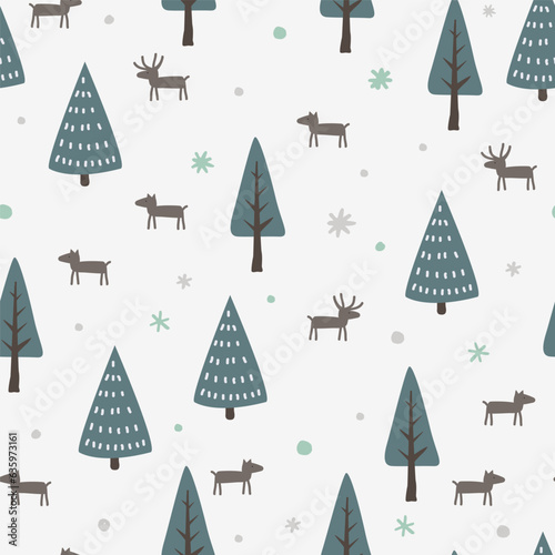 Christmas seamless pattern with deer, trees and snowflakes on white background. Vector illustration