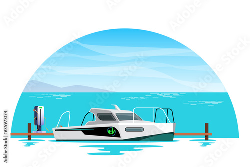Digital illustration of an electric powered boat moored on a sunny pier