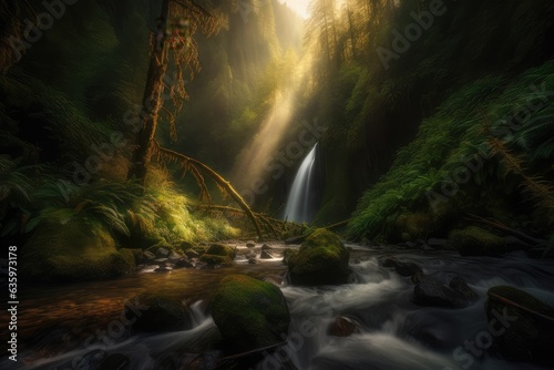 Serene mountain landscape, stream and waterfalls framed by tall trees., generative IA © JONATAS