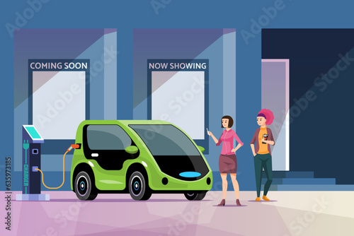 Digital illustration of women charging an electric car in front of a cinema