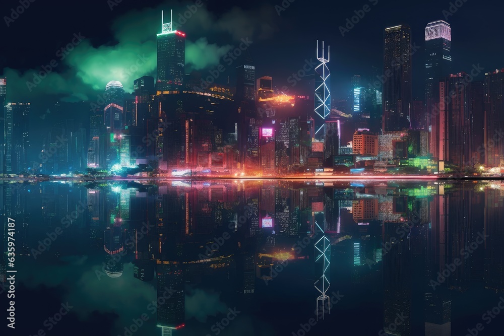 Urban nightscape: skyscrapers, neon lights and reflective river., generative IA