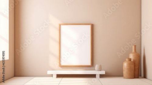 Empty vertical picture frame mockup on wall background.